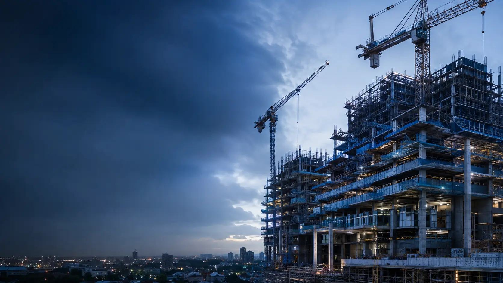 Large building under construction at blue hour